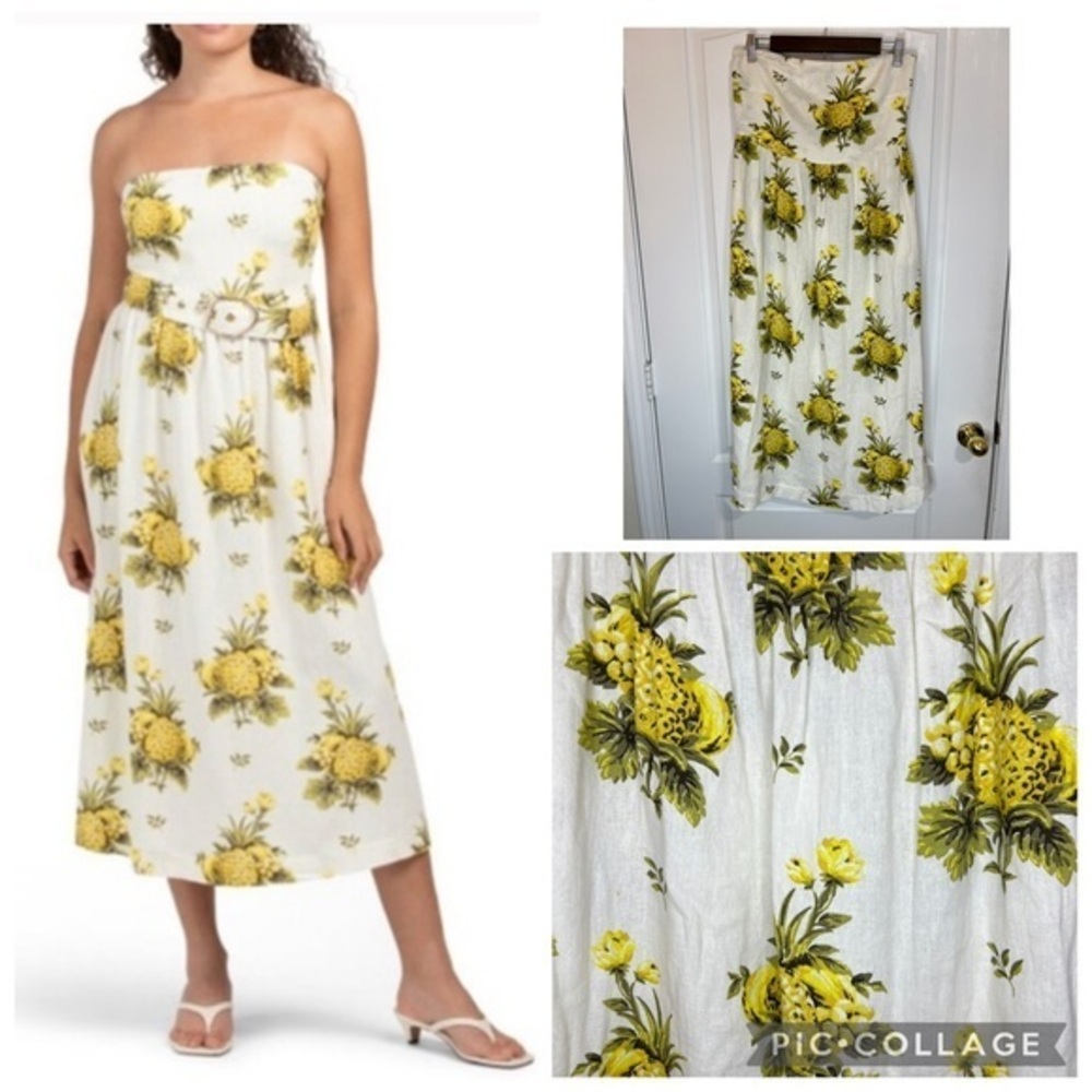 Tahari Floral Strapless White and Yellow pineapple printed Dress size 6